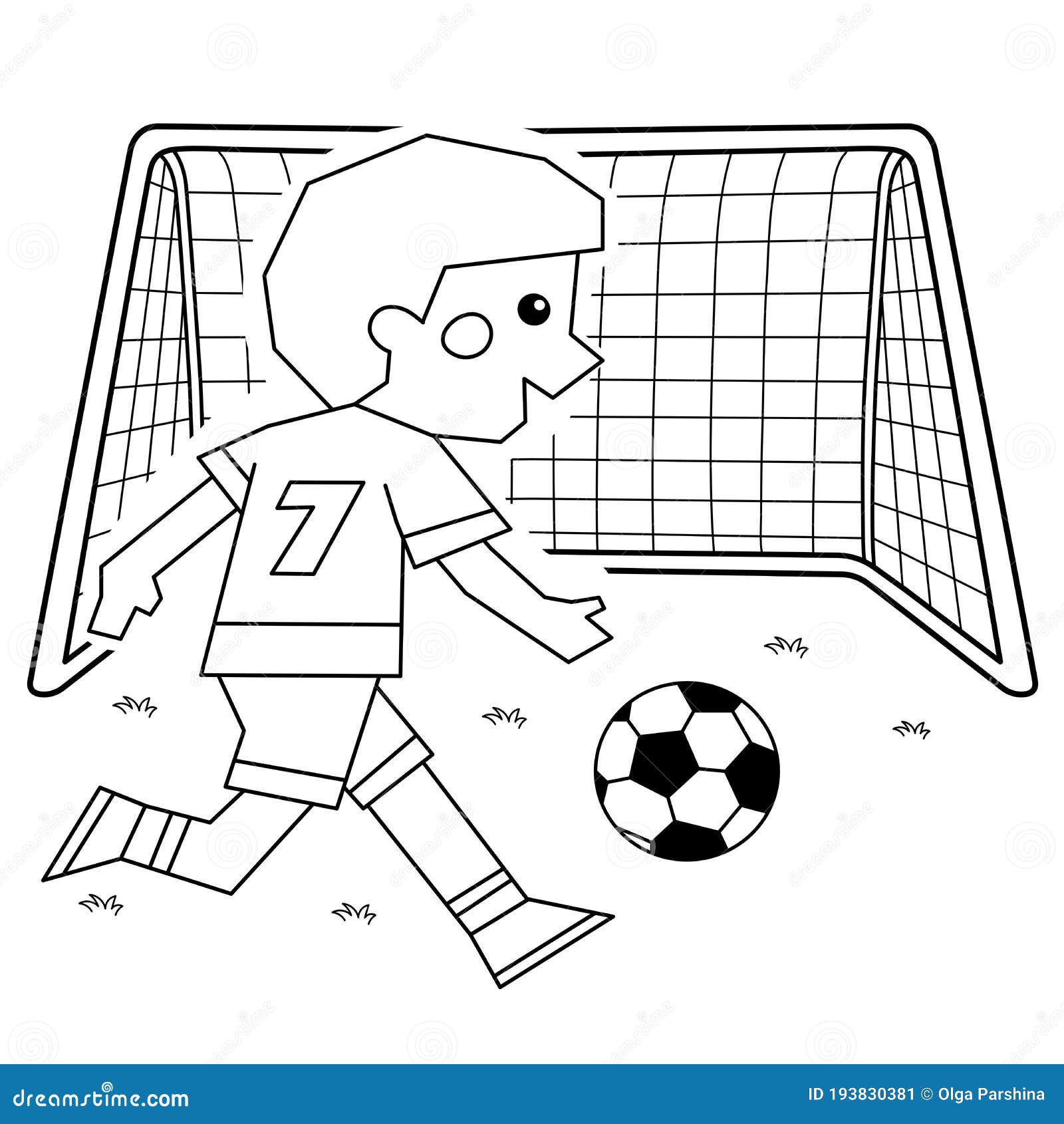 Coloring page outline of a cartoon boy with a soccer ball and football goal coloring book for kids stock vector