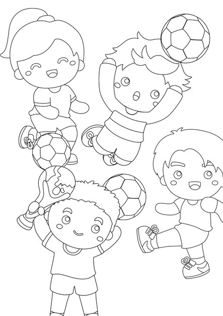 Premium vector happy kids playing soccer ball football outdoor sport activity coloring pages for kids and adult