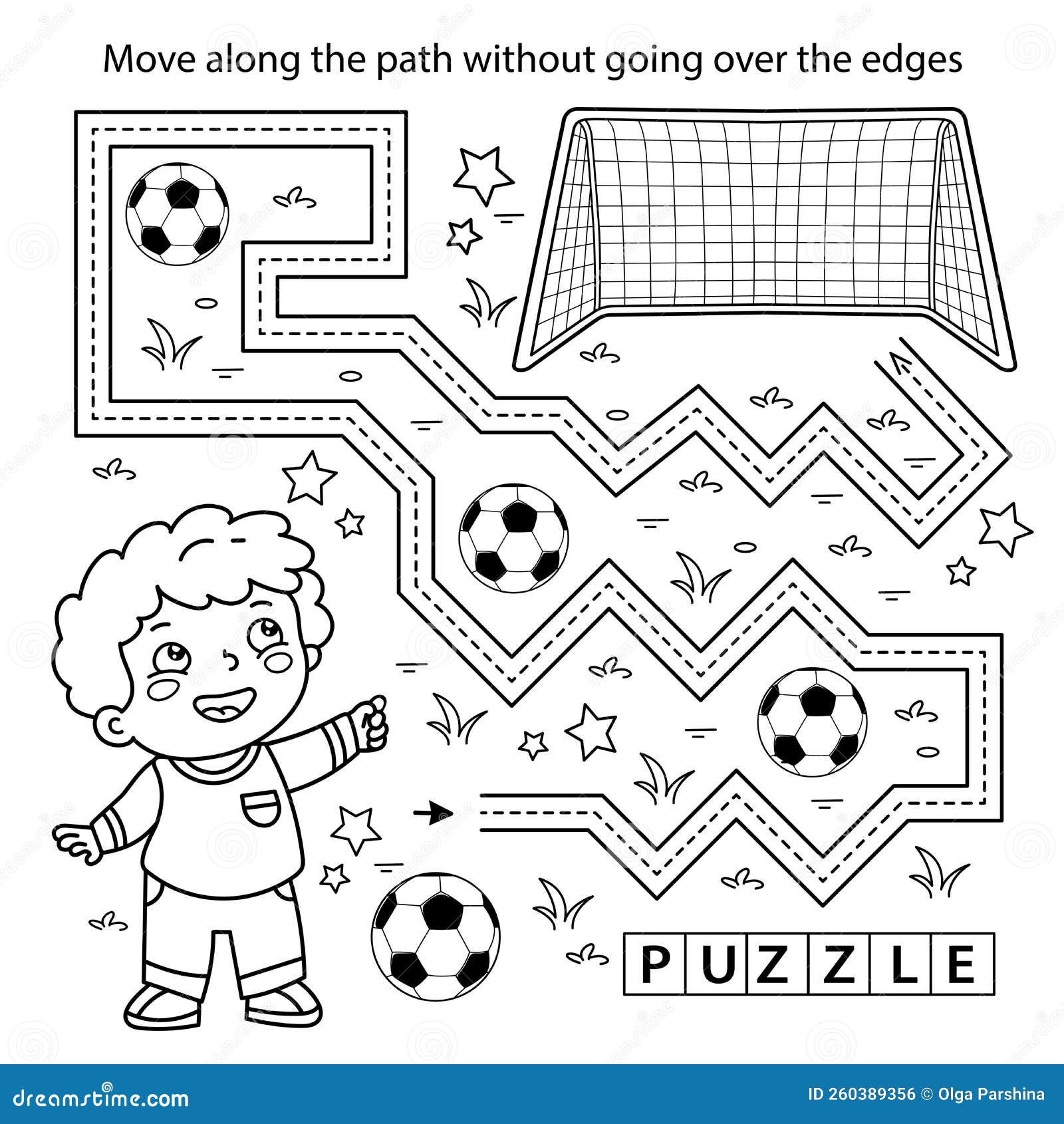 Handwriting practice sheet simple educational game or maze coloring page outline of cartoon boy with soccer ball football stock vector