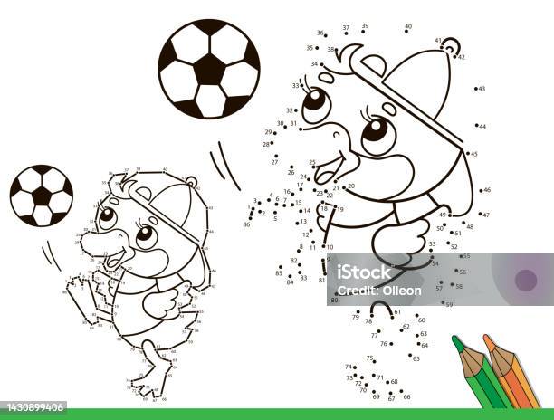 Puzzle game for kids numbers game coloring page outline of cartoon duck or duckling with soccer ball football sport coloring book for children stock illustration