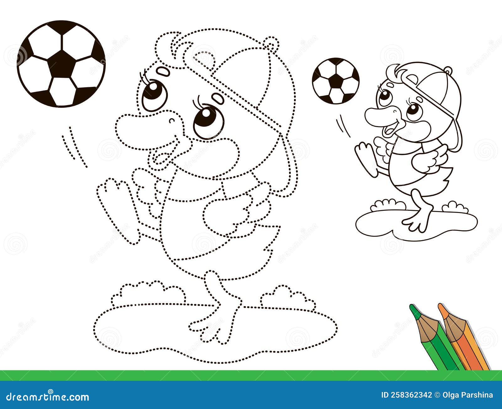 Connect the dots picture puzzle for kids coloring page outline of cartoon duck or duckling with soccer ball football sport stock vector