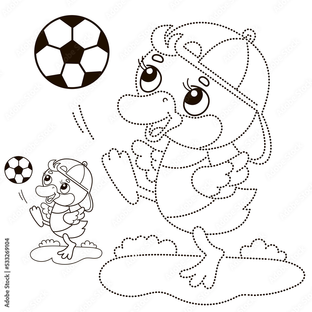 Connect the dots picture puzzle for kids coloring page outline of cartoon duck or duckling with soccer ball football sport coloring book for children vector