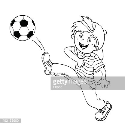 Coloring page outline of a boy kicking a soccer ball stock clipart royalty