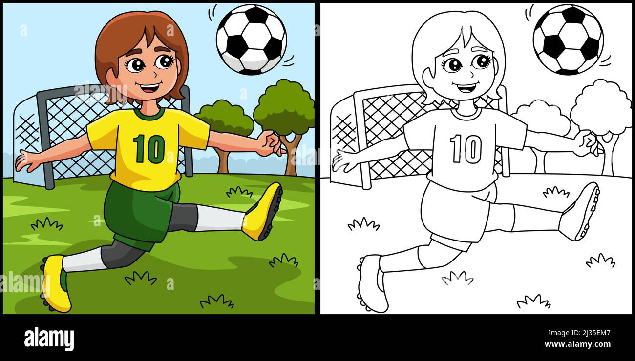 Girl playing soccer coloring page illustration stock vector image art