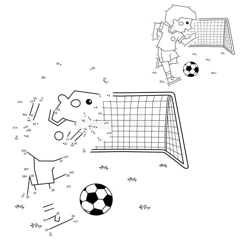 Numbers game for kids coloring page outline of a cartoon boy with a soccer ball and football goal stock vector