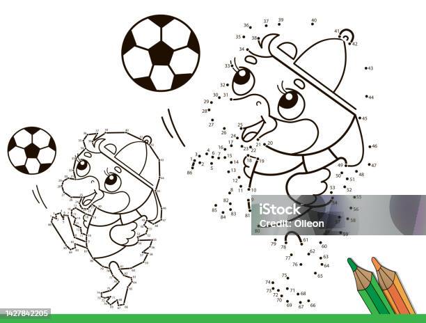 Puzzle game for kids numbers game coloring page outline of cartoon duck or duckling with soccer ball football sport coloring book for children stock illustration