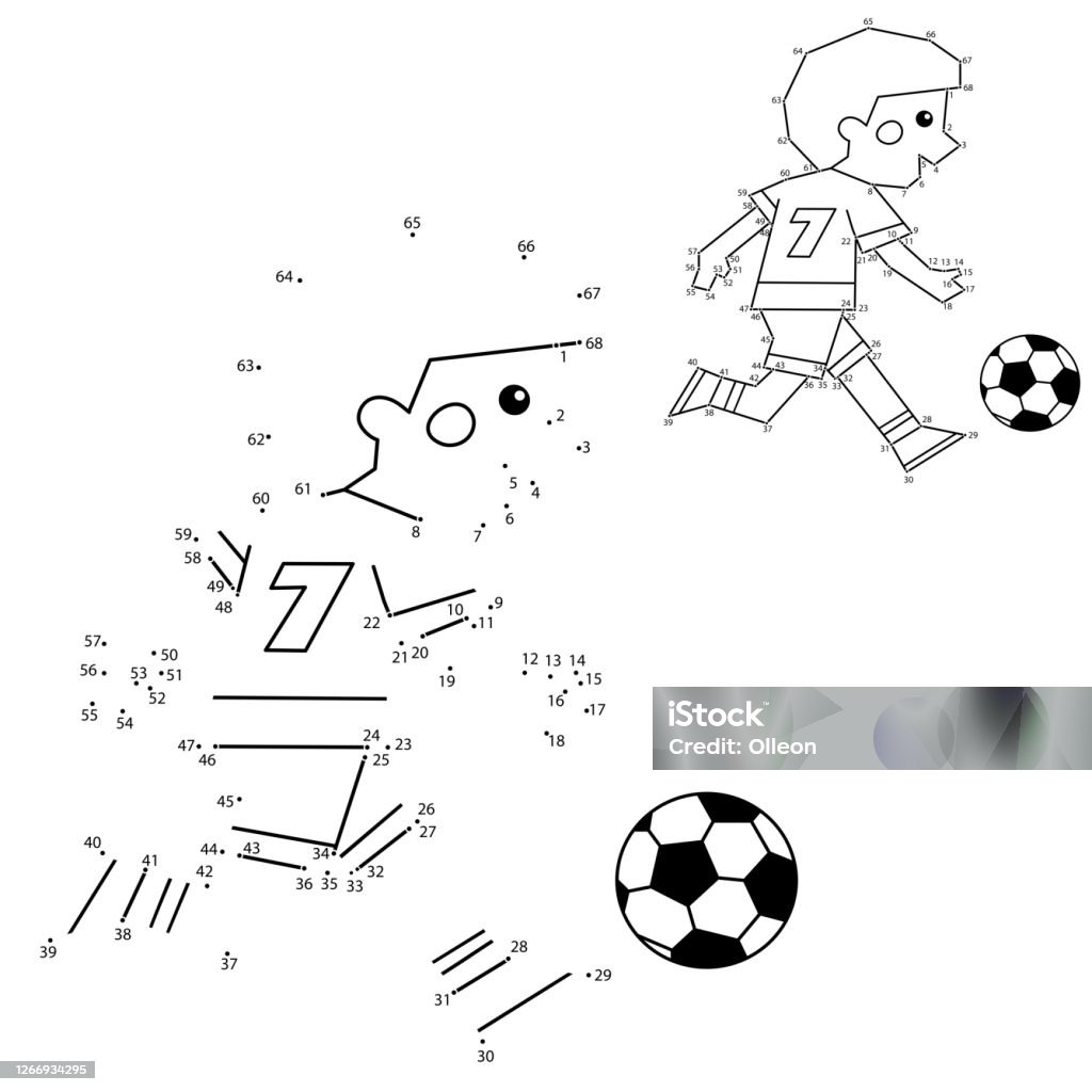 Numbers game for kids coloring page outline of a cartoon boy with a soccer ball coloring book for children stock illustration