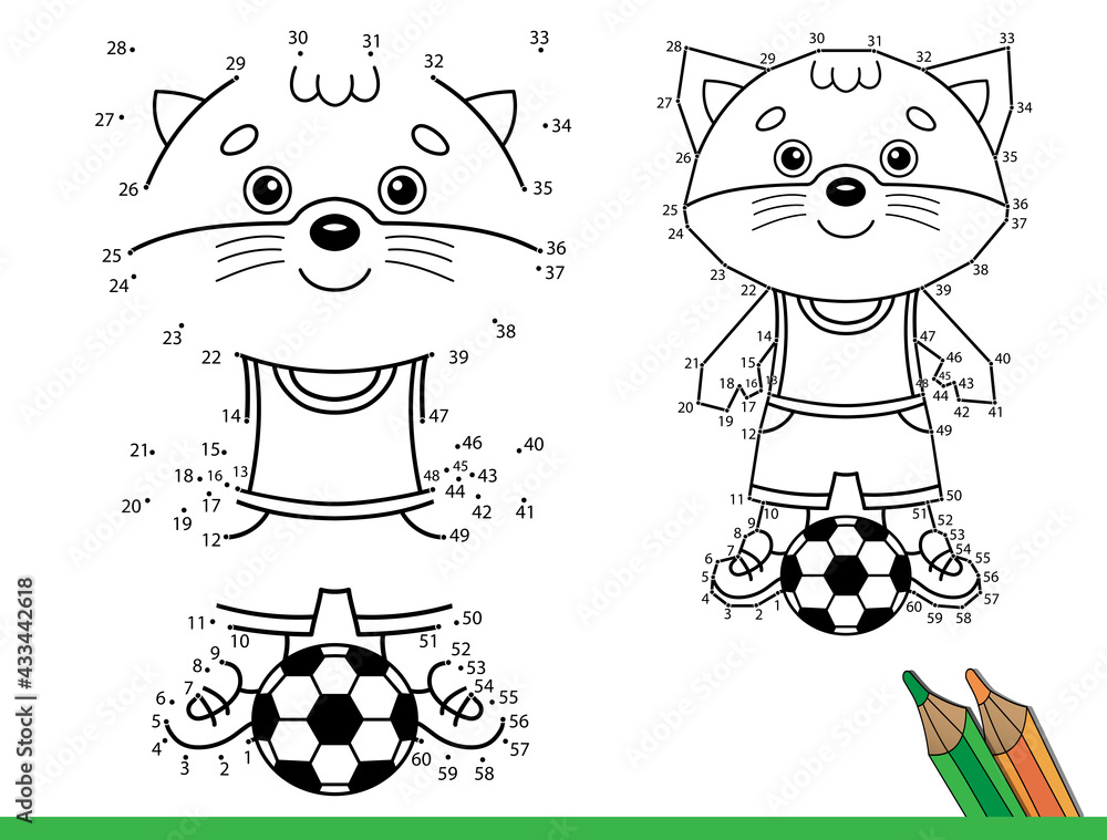 Puzzle game for kids numbers game coloring page outline of cartoon little cat with soccer ball football game coloring book for children vector
