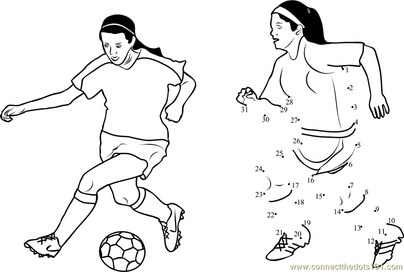 Women playing soccer dot to dot printable worksheet