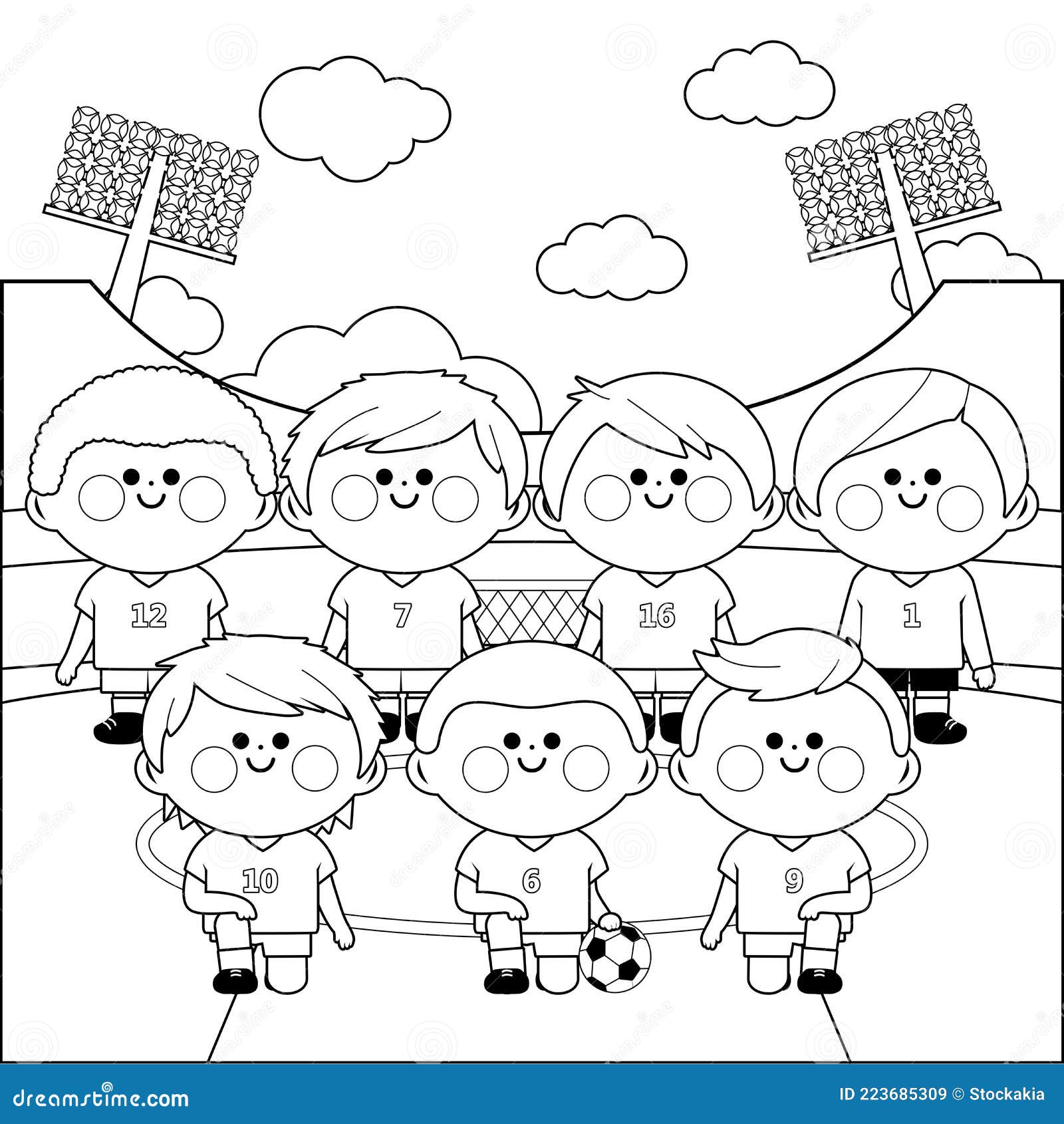 Children soccer player team in a stadium vector black and white coloring page stock vector