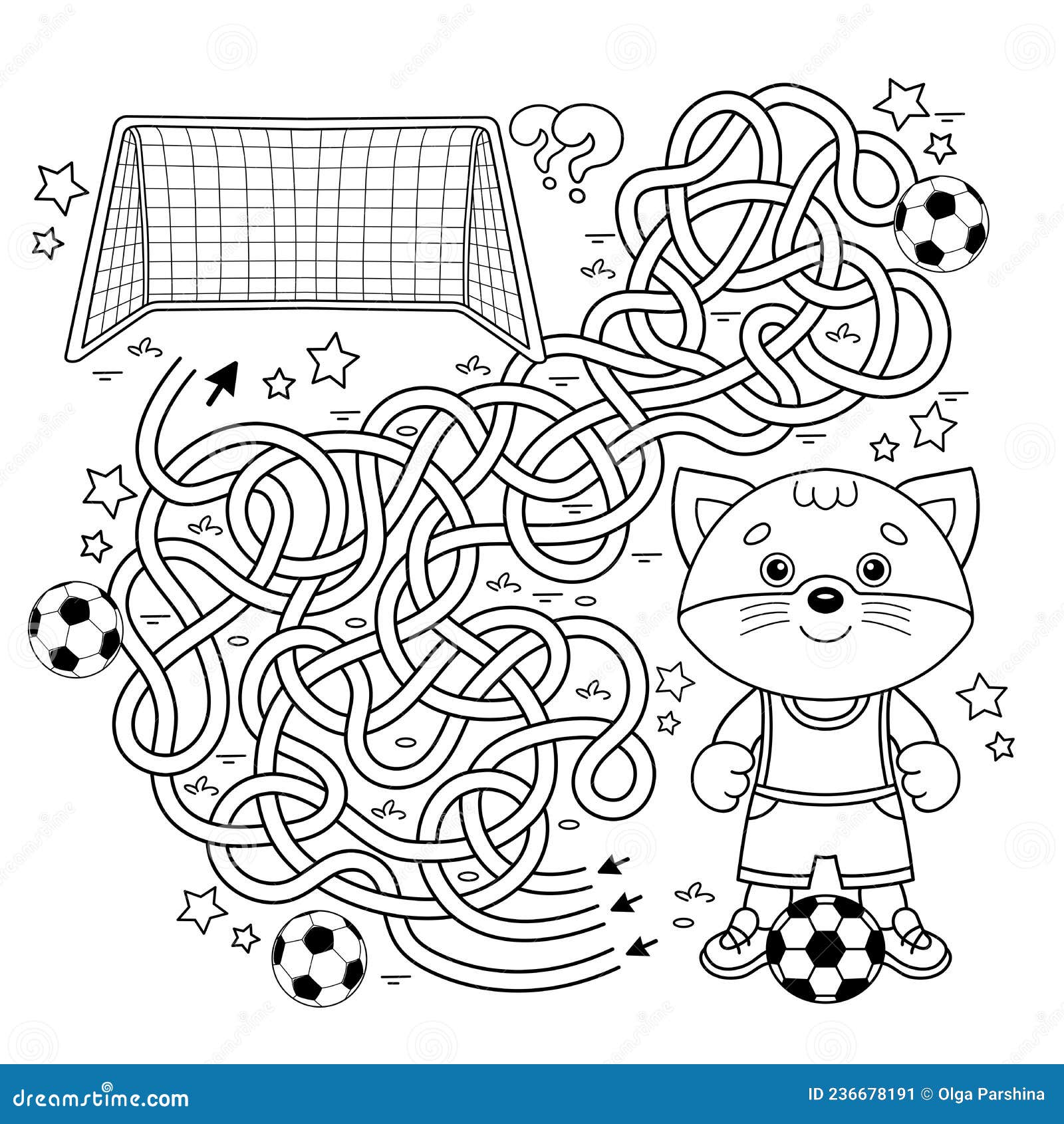 Maze or labyrinth game puzzle tangled road coloring page outline of cartoon cat with soccer ball football sport activity stock vector
