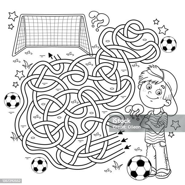 Maze or labyrinth game puzzle tangled road coloring page outline of cartoon boy with soccer ball football sport activity coloring book for kids stock illustration