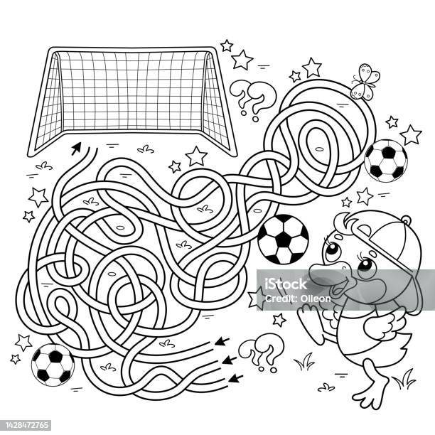 Maze or labyrinth game puzzle coloring page outline of cartoon duck or duckling with soccer ball football sport coloring book for kids stock illustration