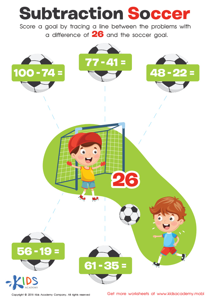 Subtraction soccer worksheet for kids