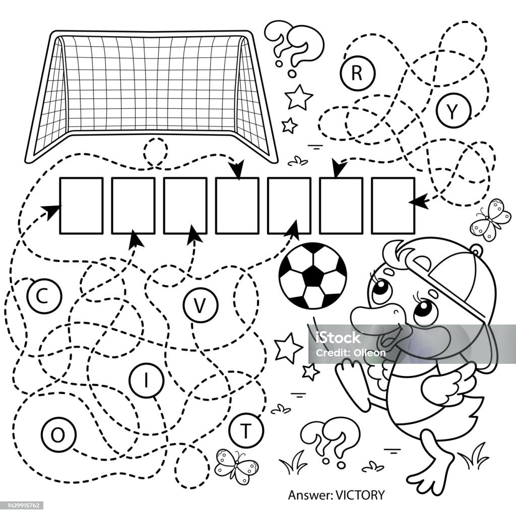 Maze or labyrinth game puzzle coloring page outline of cartoon duck or duckling with soccer ball football sport coloring book for kids stock illustration