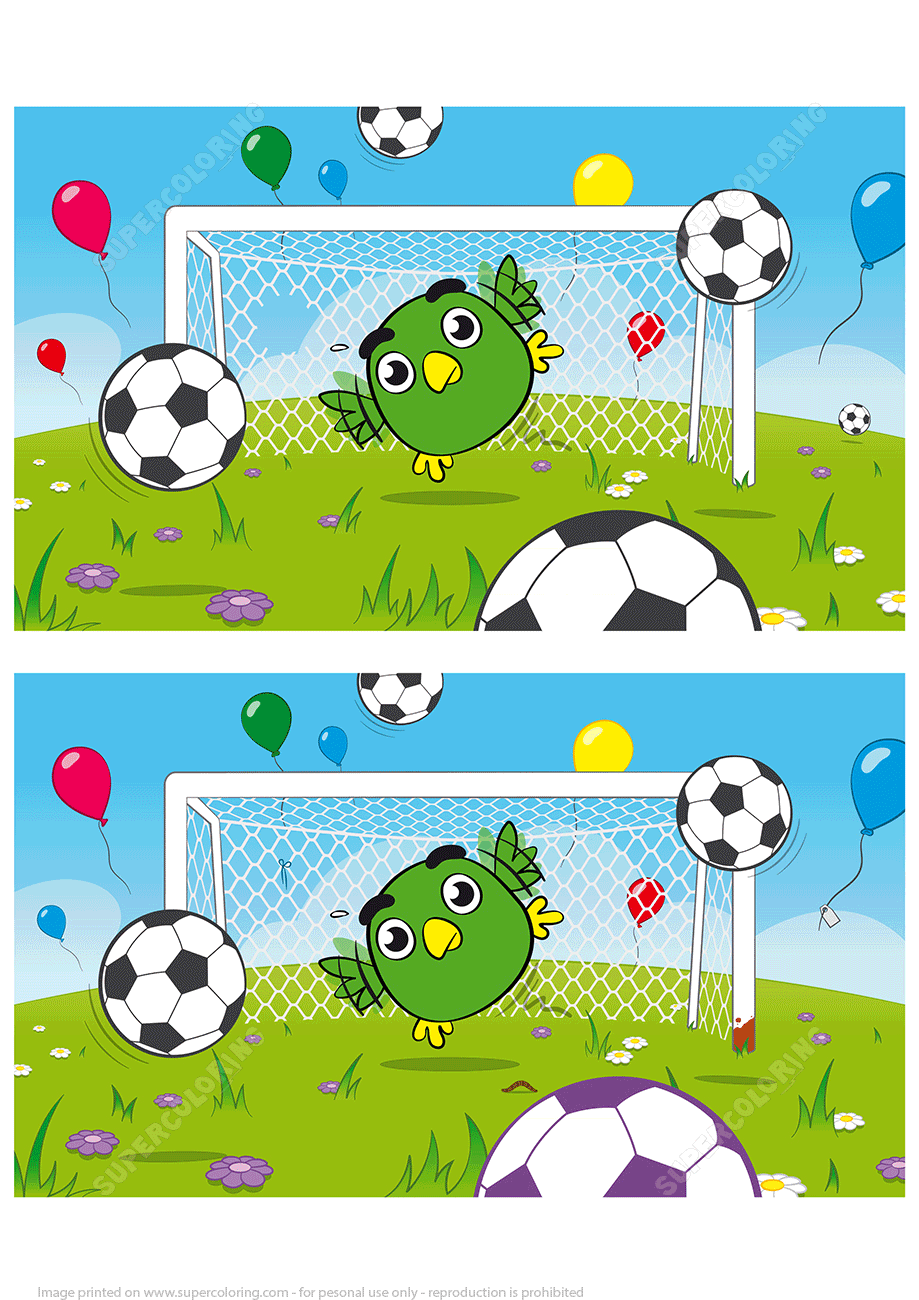 Differences to be spotted in a brainteaser with a cute bird goalkeeper free printable puzzle games