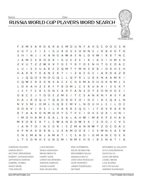 Russia world cup players word search