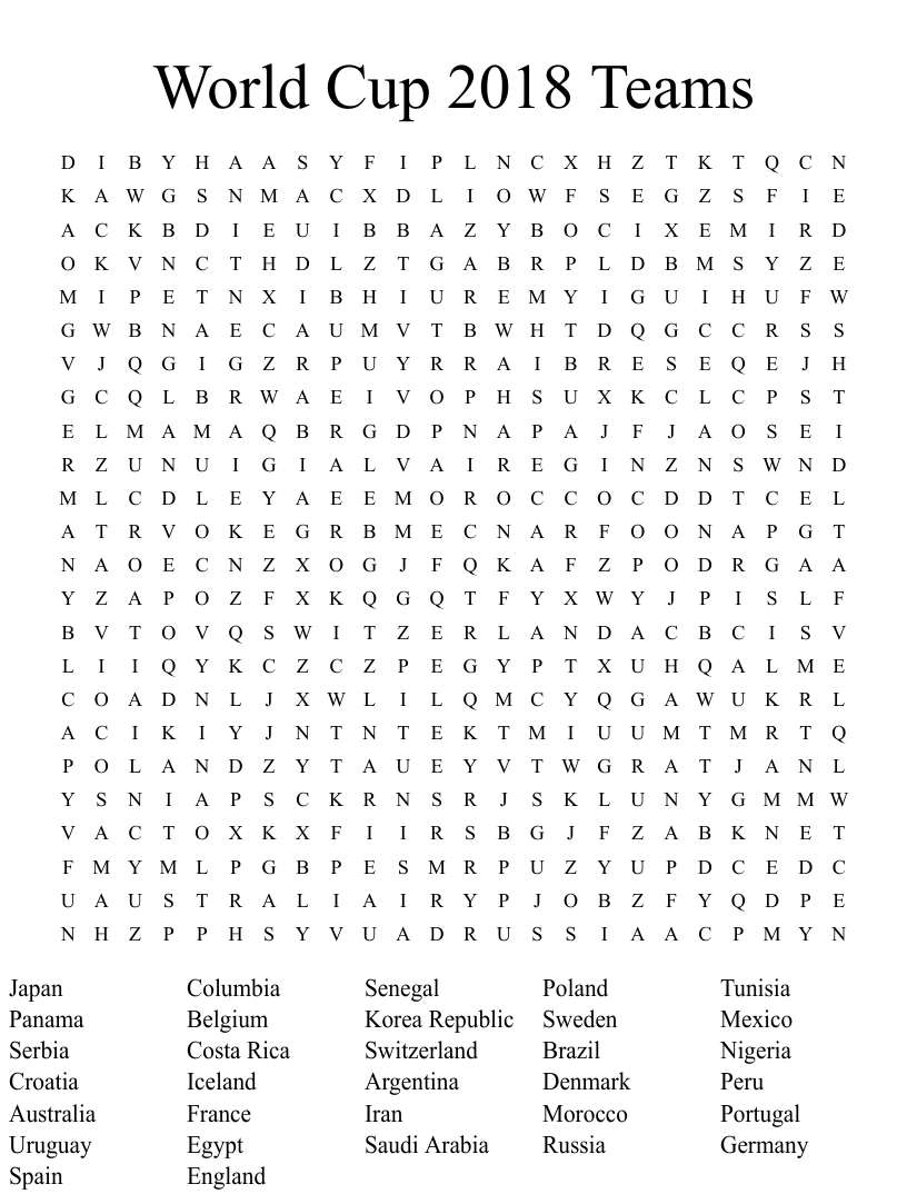 Fifa world cup teams word search