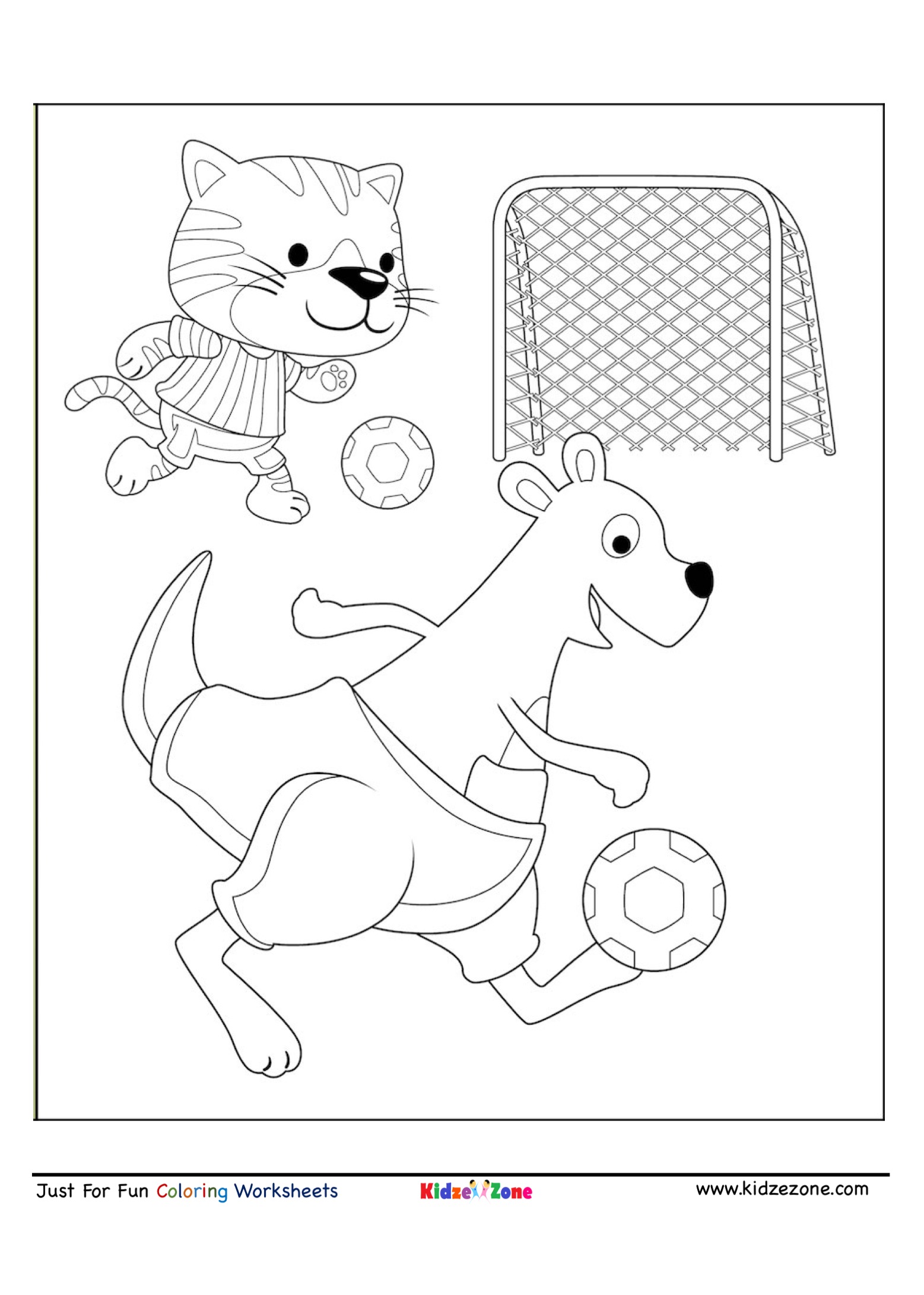 Kangaroo and tiger soccer coloring page