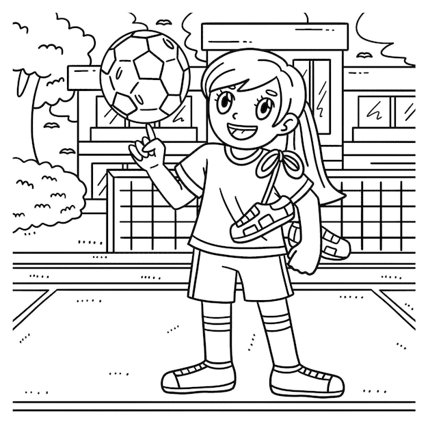Premium vector a cute and funny coloring page of a soccer girl carrying shoes provides hours of coloring fun for children to color this page is very easy suitable for little