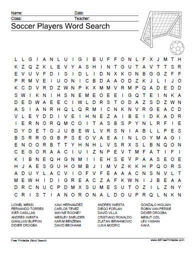 Free printable soccer players word search puzzle words free printable word searches tutoring activity
