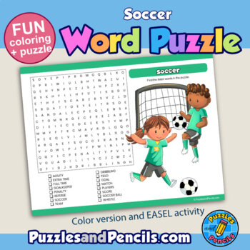 Soccer word search puzzle with coloring activity page sports series