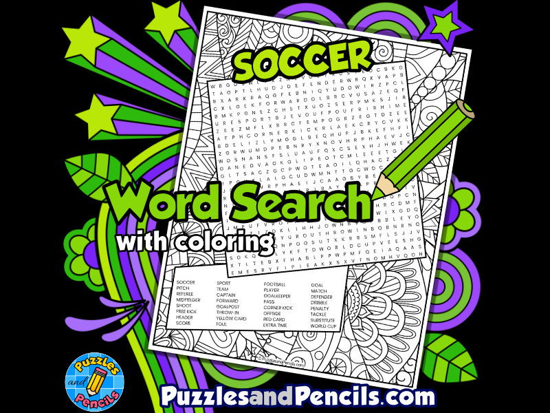 Soccer word search puzzle with colouring activity teaching resources