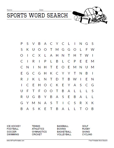 Sports word search â free printable