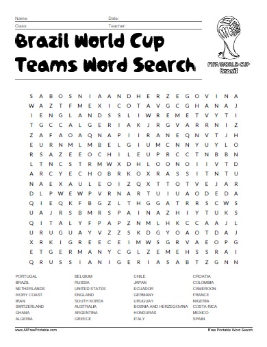 Brazil world cup teams word search â free printable