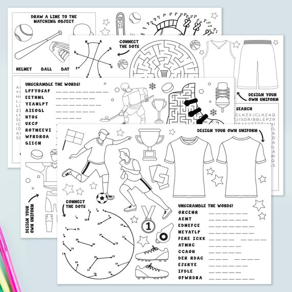 Sports coloring pages sports activity pages digital printable soccer baseball hockey basketball