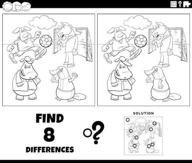 Premium vector differences task with animals playing soccer coloring page