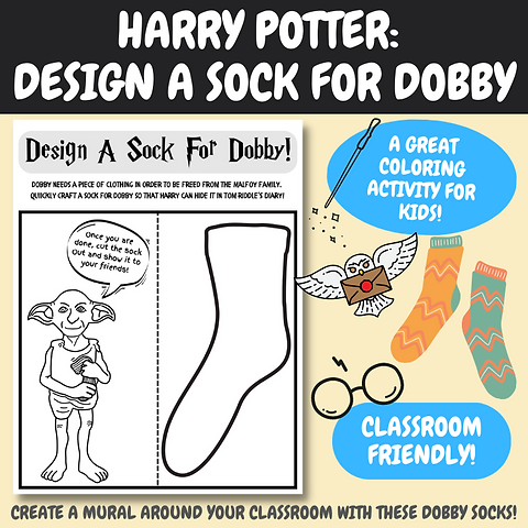 Help dobby design a sock harry potter coloring pages harry potter themed classroom activities harry potter worksheets