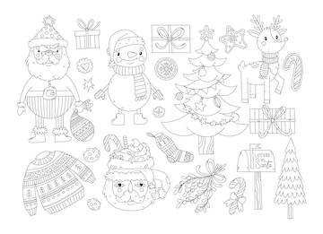Premium vector coloring page with christmas clipart santa claus snowman presents deer sweater and socks tree