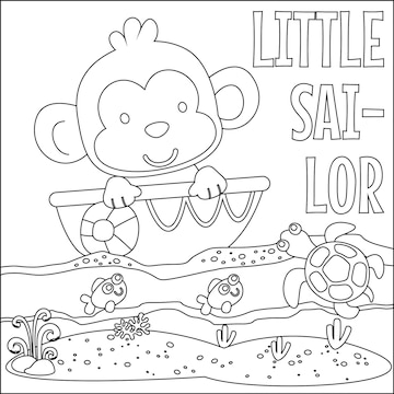 Premium vector funny monkey cartoon vector on little boat with cartoon style coloring book or page