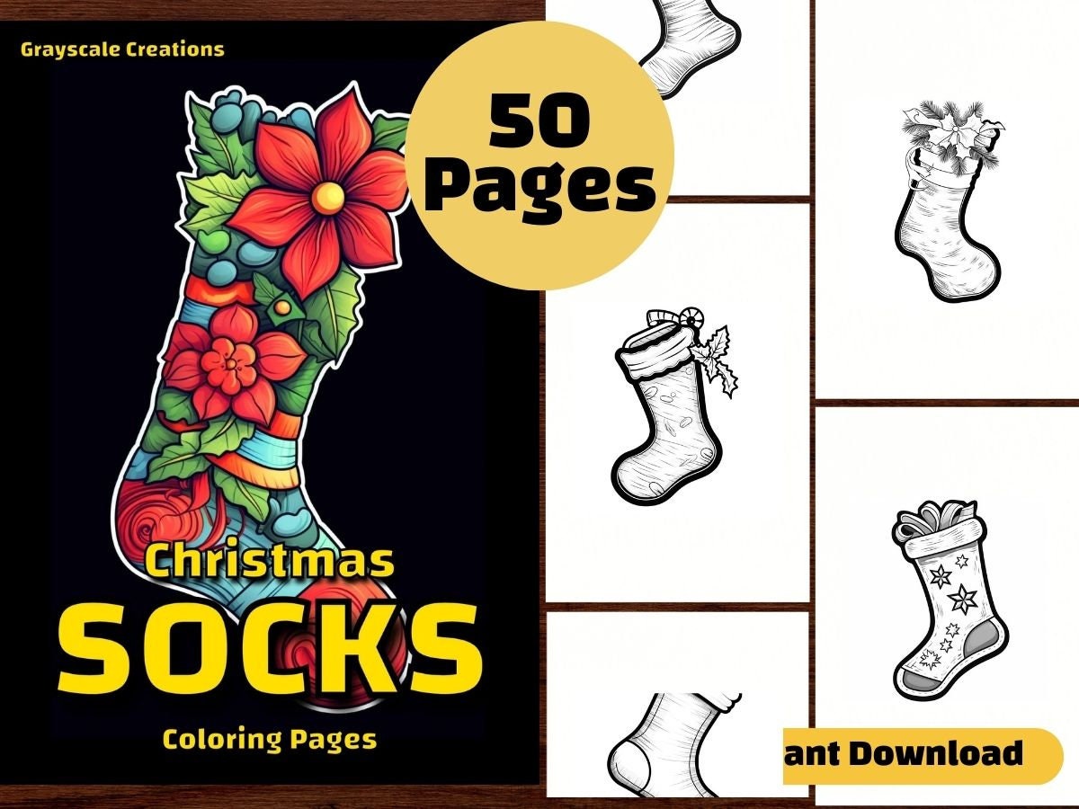 Christmas sock coloring page book snow ornament xmas winter festive holiday printable pdf sheets grayscale coloring adults kids