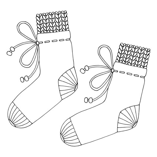 Coloring page a pair of warm socks with a knitted top and a bow tie piece of clothing hand drawn vector line art illustration coloring book for children and adults black and