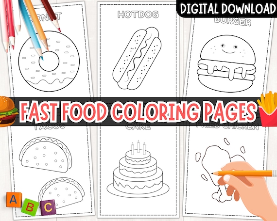Printable fast food coloring pages for kids junk food coloring sheets burger pizza ice cream soda instant download pdf