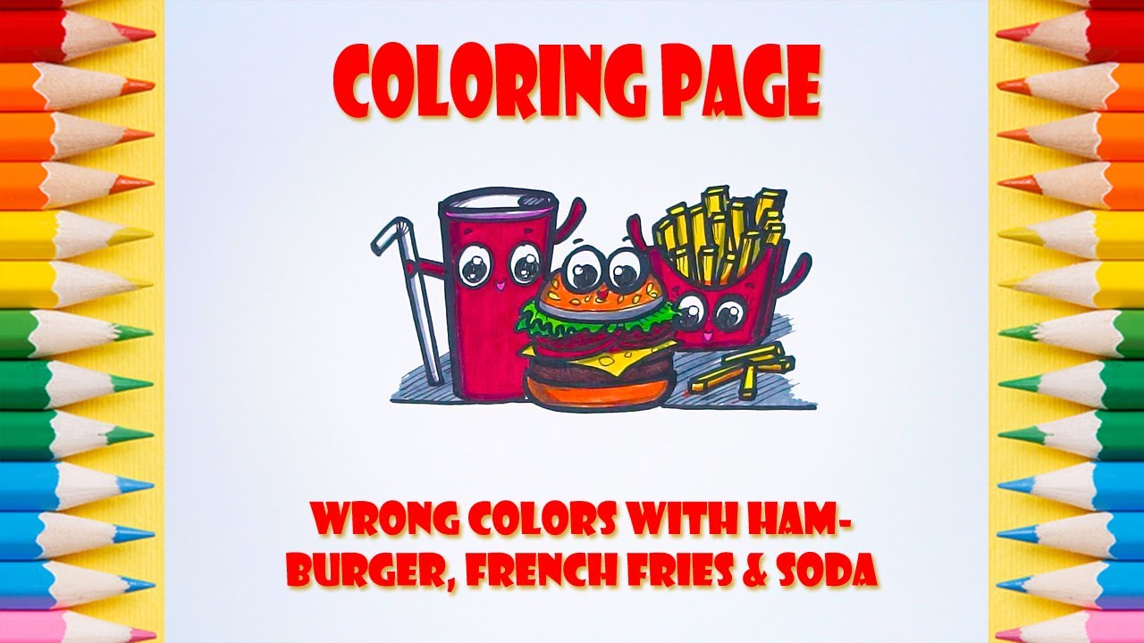 Coloring page wrong colors with hamburger french fries soda easy drawing learn colors for kids