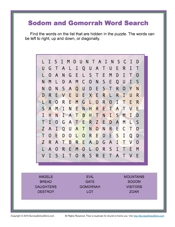 Sodom and gomorrah word search activity on sunday school zone
