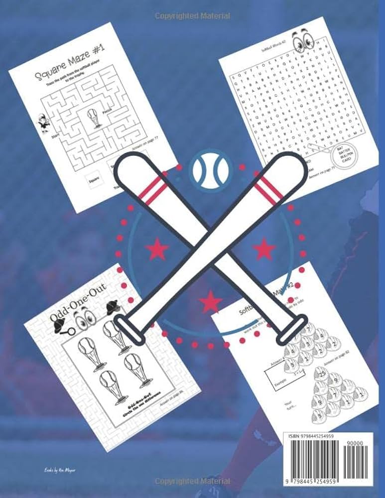Softball activity book for kids fun filled activity workbook and loring book includes loring glove math pyramid logic puzzle mazes odd one out word search and more designs activityfun books
