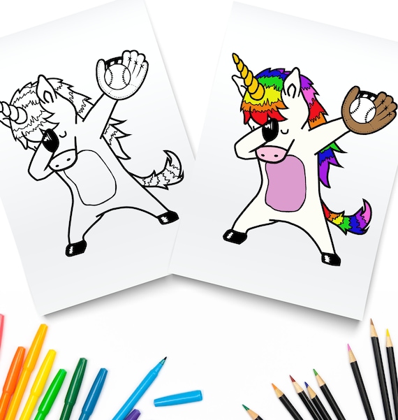 Printable dabbing unicorn baseball digital download funny baseball sport coloring page