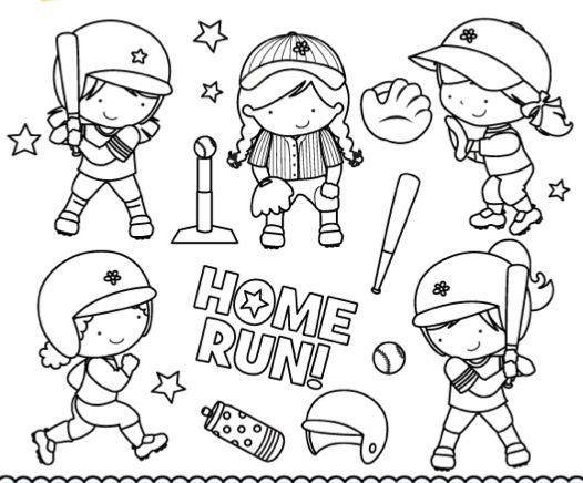 Cute girls softball digital stamps coloring pages softball