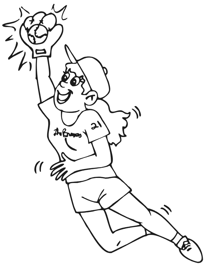 Printable baseball coloring page girl catching ball