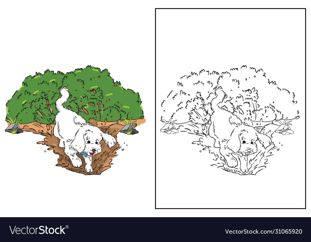 Dog dig soil in garden coloring page royalty free vector