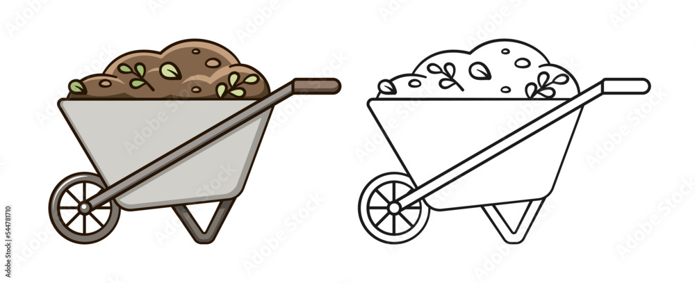Vektorovã grafika âwheelbarrow with dirt soil cute cartoon outline line art illustration gardening farming agriculture coloring book page activity worksheet for kidsâ ze sluåby