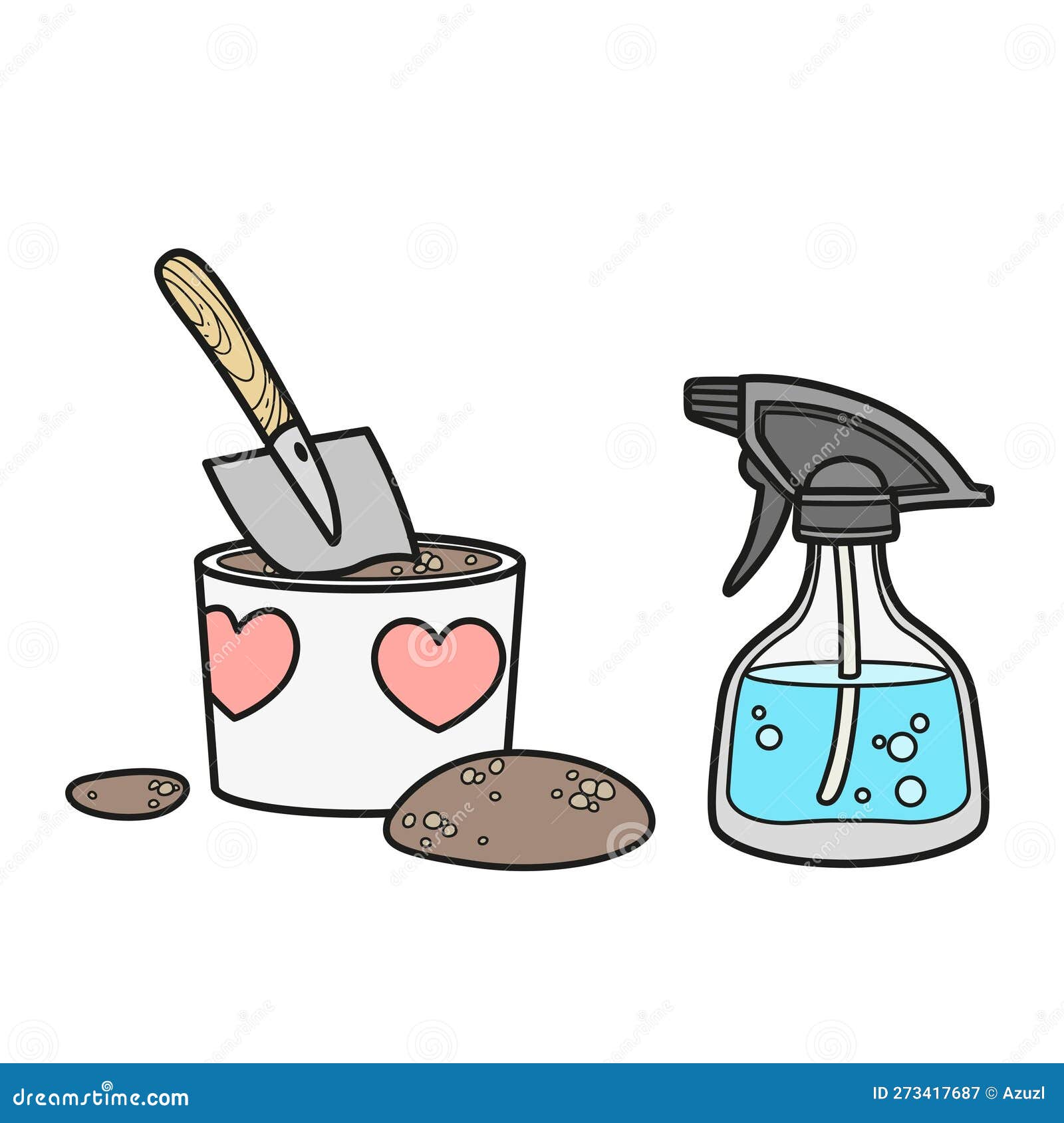 Pot of soil spatula and a spray bottle for watering color variation for coloring page isolated on white stock vector