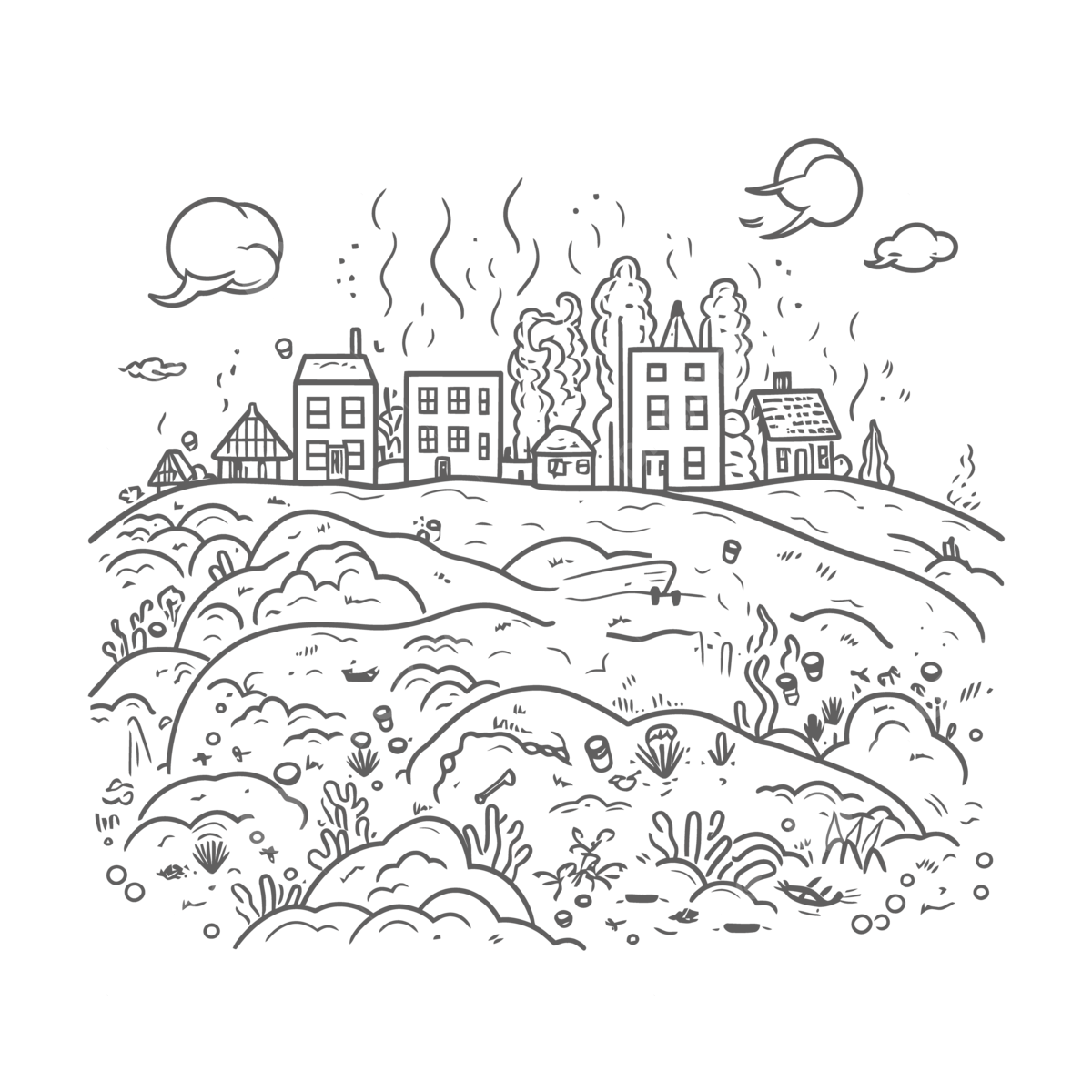 Coloring page on the hill with plants and buildings outline sketch drawing vector plant drawing wing drawing hill drawing png and vector with transparent background for free download