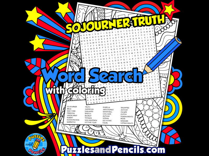 Sojourner truth word search puzzle with colouring womens history month wordsearch teaching resources