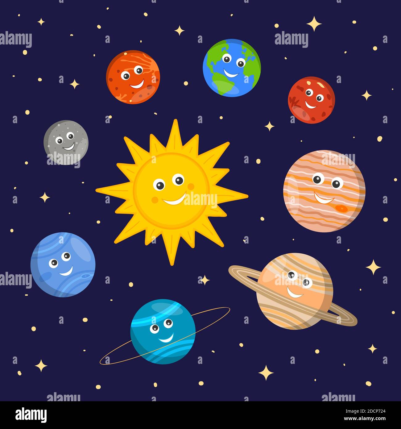 Solar system for kids cute sun and planets characters in cartoon style on dark space background vector illustration for kindergarten and school science education stock vector image art