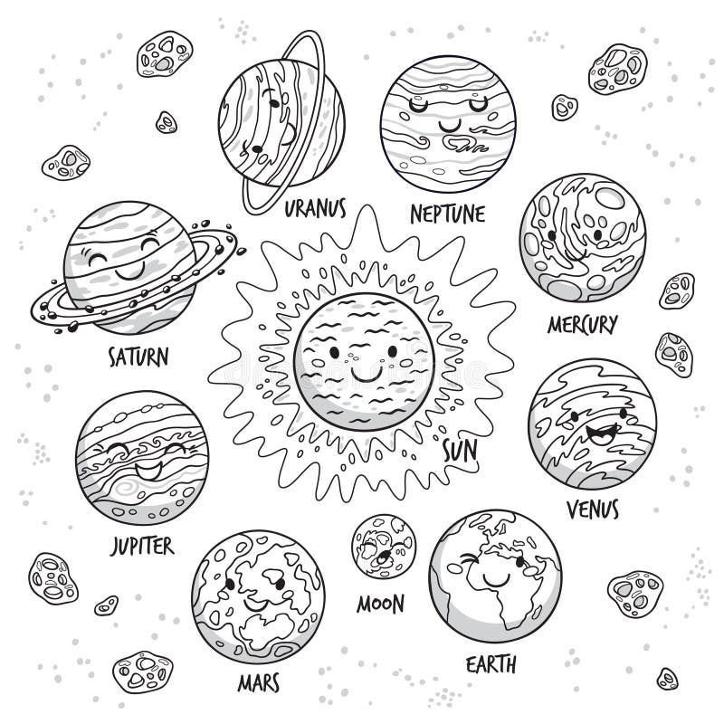 Cute solar sistem planet set the collection of coloring book template the group of outline digital elements stock vector